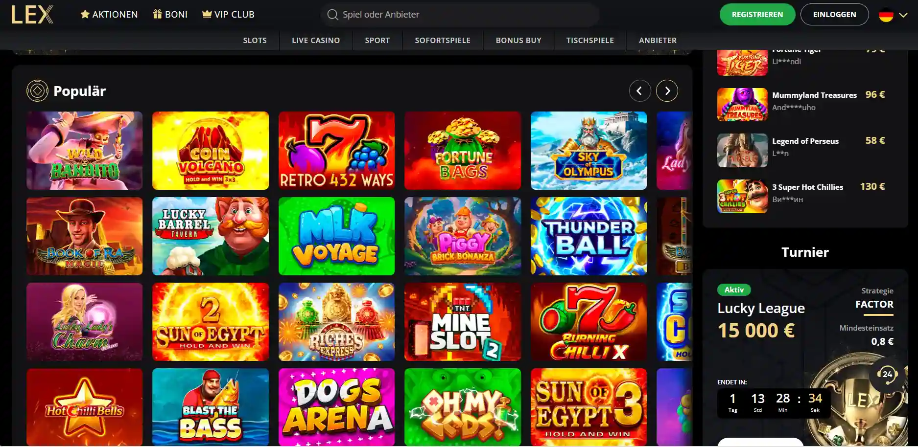 Aktueller Ansicht der deutschsprachigen LEX Casino Oberfläche