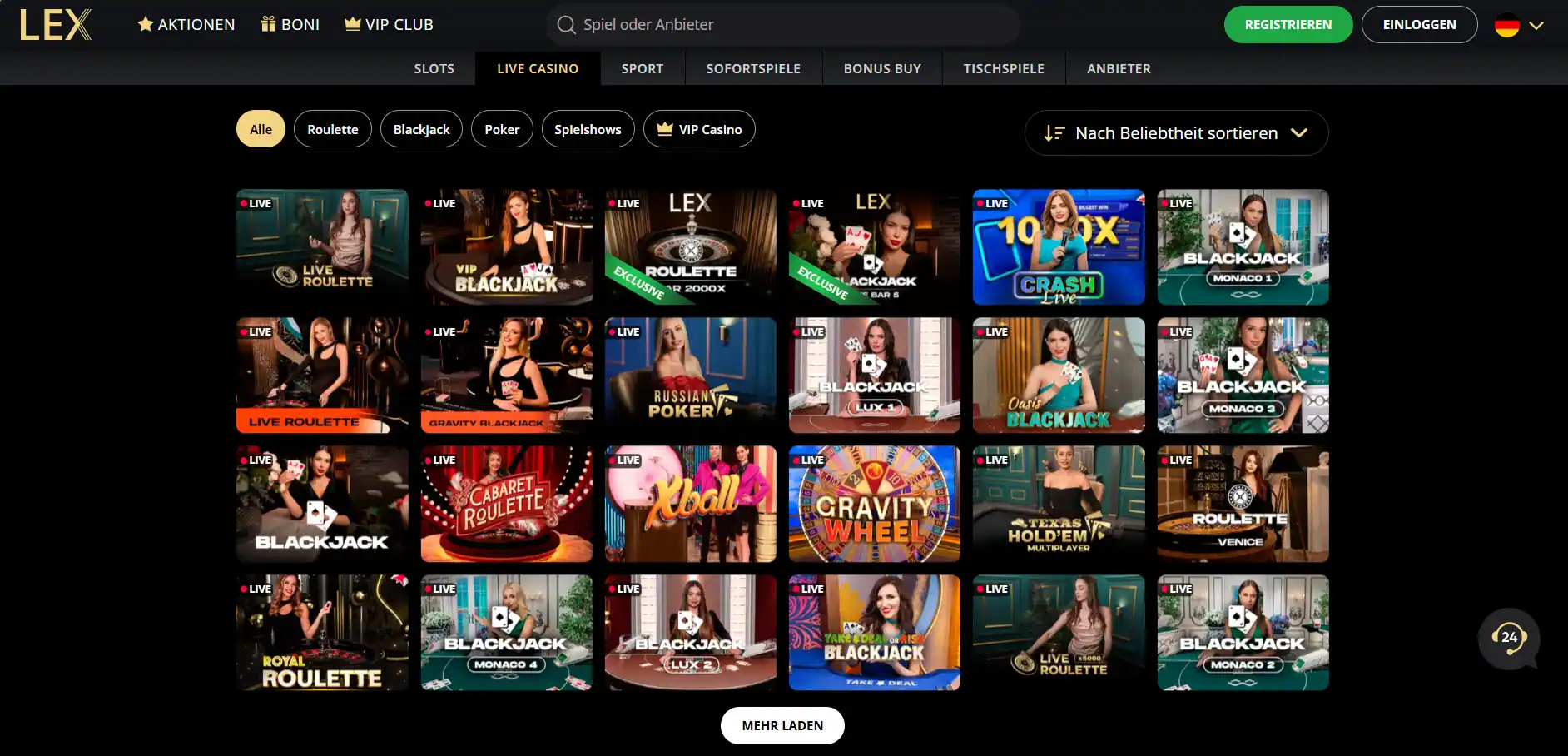 Aktueller Ansicht eines realen LEX Casino Bereichs auf der deutschsprachigen Website